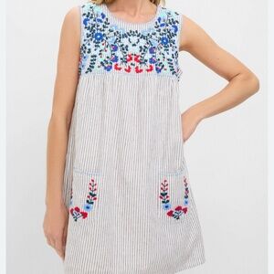 TUCKERNUCK- Tan striped embroidered linen sunny mini Dress